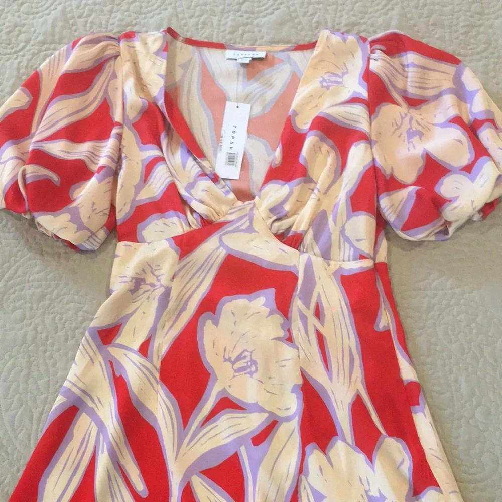 ๐ TOPSHOP Puff Sleeve Cutout Back Large Floral Satin Mini Dress 4 Red/Cream - Picture 1 of 15